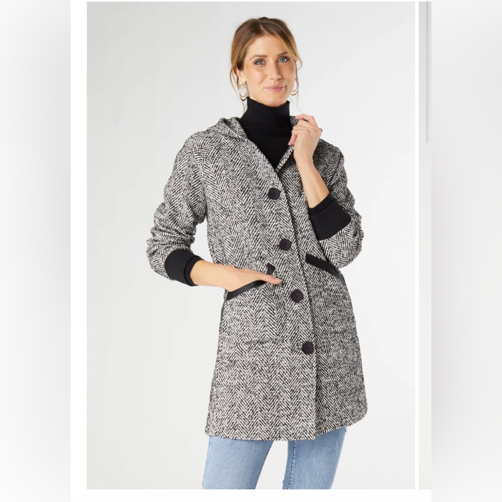 Coco + Carmen Black and White Button Down Hooded Cardigan